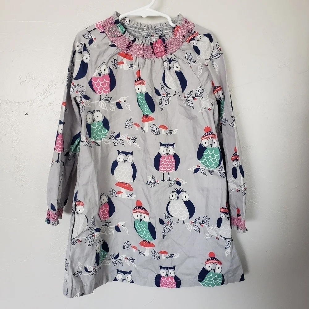 Mini Boden Girls 6-7 Long Sleeve Dress Grey Colorful Owls Smock Neck Cuffs Pink